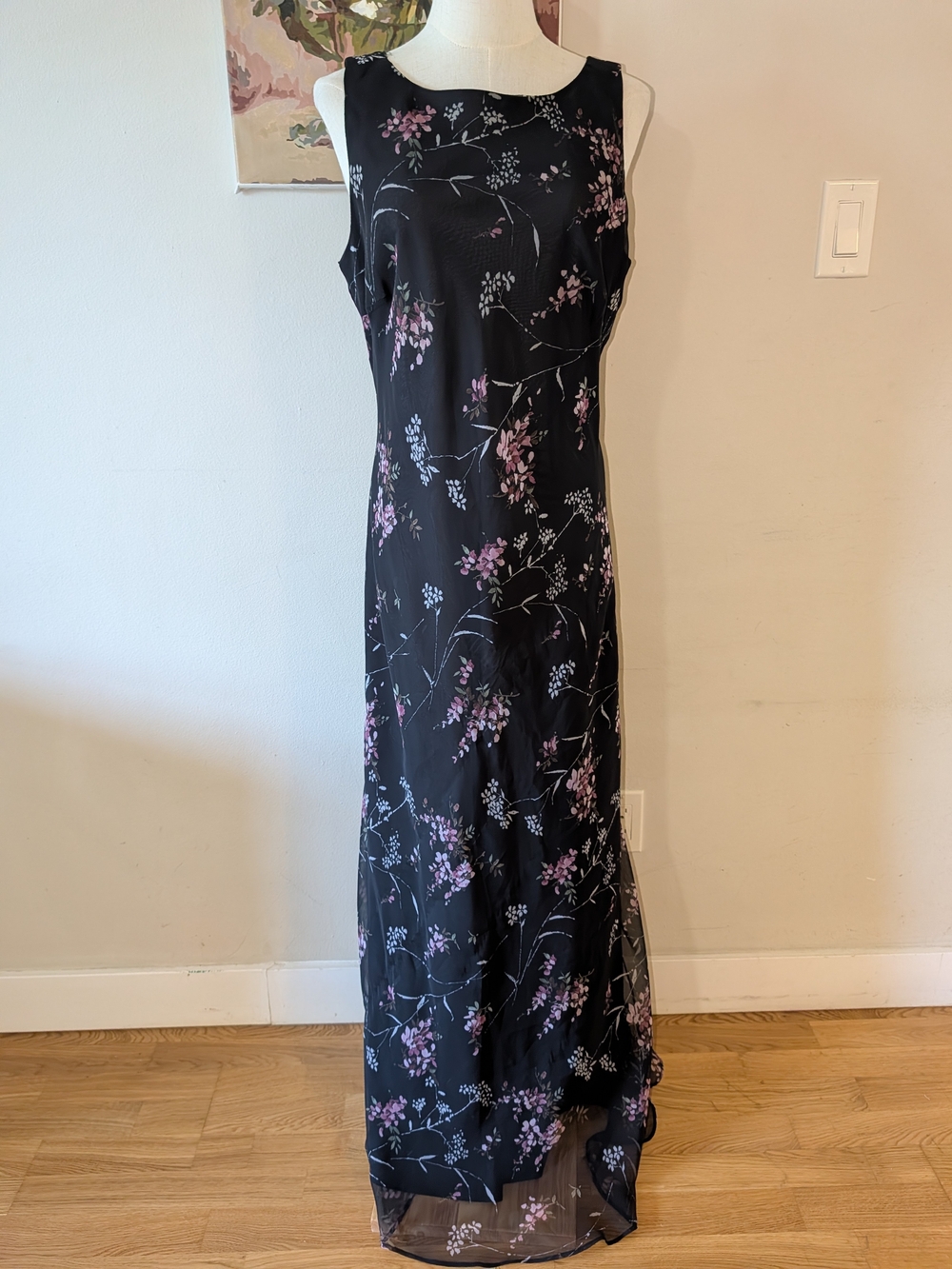 Sleeveless Black Maxi Dress with Pink Floral Print